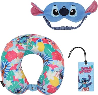 Youth Lilo & Stitch - Juego de viaje con almohada para el cuello, máscara de ojos y etiqueta de equipaje, comodidad y estilo para viajeros jóvenes, Multi colorido, talla única
