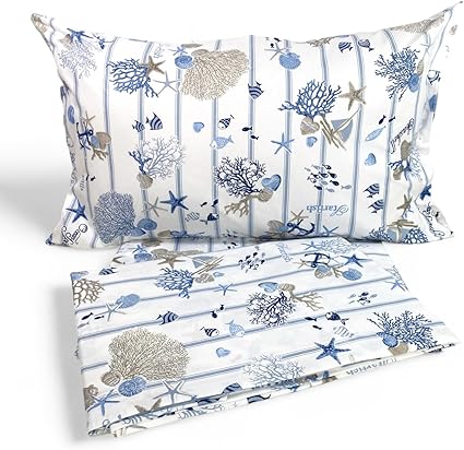 Tex family Juego de sábanas de playa marino corales azul fondo a rayas de puro algodón – 1 plaza y media