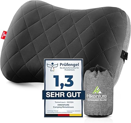 HIKENTURE Almohada Hinchable para Camping, Viaje, con Funda de Almohada extraíble, ergonómica, cómoda Almohada Cervical para Viaje/Exterior, Cuello Inflable Travel Pillow Negro