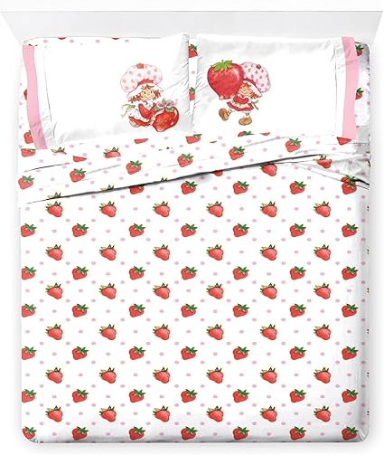 Jay Franco Juego de sábanas de tamaño matrimonial de Strawberry Shortcake - Juego de ropa de cama de 4 piezas para niños, sábanas de microfibra que incluye fundas de almohada reversibles