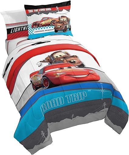 Jay Franco Disney Pixar Cars Racing Machine - Juego de cama individual de 5 piezas, incluye edredón y juego de sábanas, ropa de cama con Lightning McQueen, microfibra súper suave resistente a la
