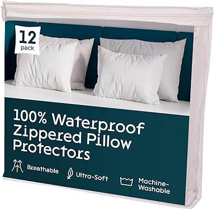 Paquete de 12 protectores de almohada impermeables Queen de 20 x 30 pulgadas, con cremallera suave, fundas silenciosas, color blanco, protección 100% líquida