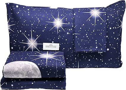 Riad Arredo Juego completo de cama de matrimonio planetario Luna y Estrellas de franela 100% cálido algodón antipalinas - Juego de sábanas de 2 plazas suaves - Made in Italy