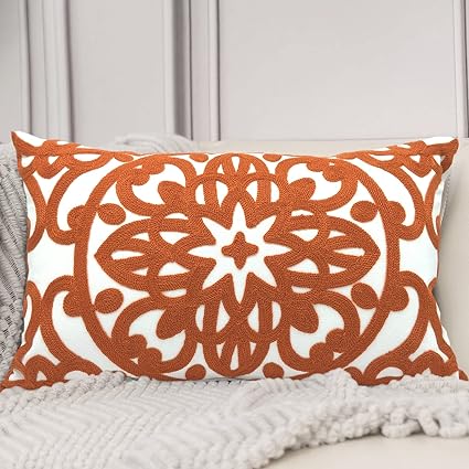 Alysheer Funda de almohada decorativa lumbar bordada de 12 x 20 pulgadas, funda de cojín rectangular de algodón para sofá, sala de estar, dormitorio (naranja quemado)