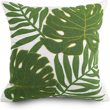 Hodeco Fundas de Almohada Bordadas de 18 x 18 Pulgadas, decoración del hogar, diseño de Hojas, Verde Tropical, Funda de Almohada para sofá, 100% Lona de algodón, Funda de cojín de Planta y Hoja de