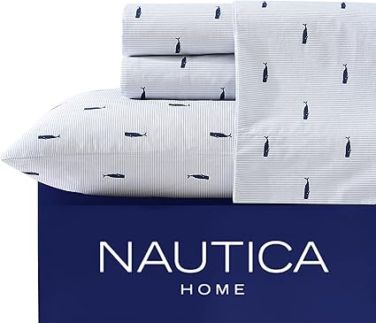 Nautica - Juego de sábanas matrimoniales, Juego de Ropa de Cama de percal de algodón, crujiente y Fresco, Ligero y Transpirable (Azul a Rayas Ballenas, matrimonial)
